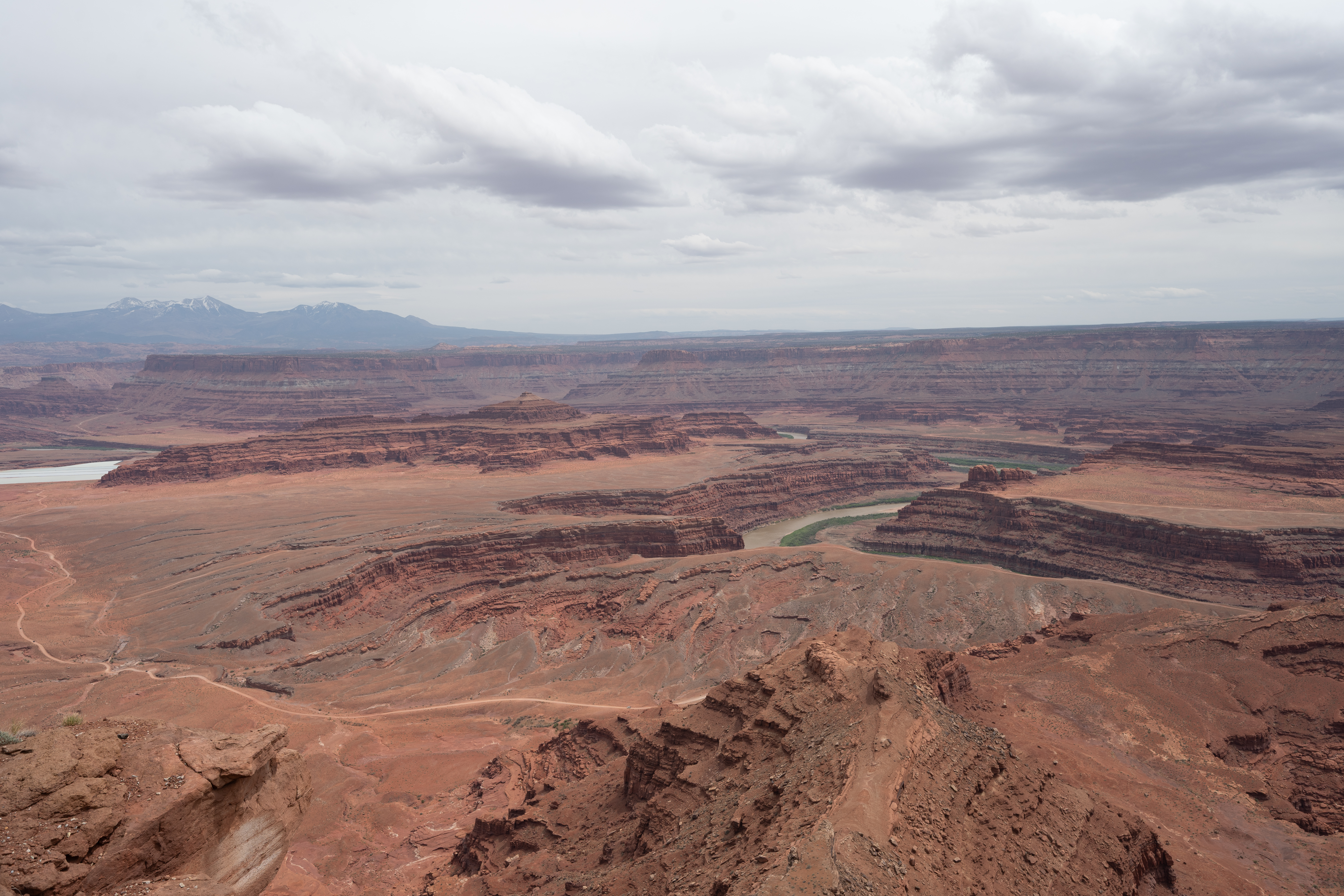 Potash evaporation ponds in the canyon below